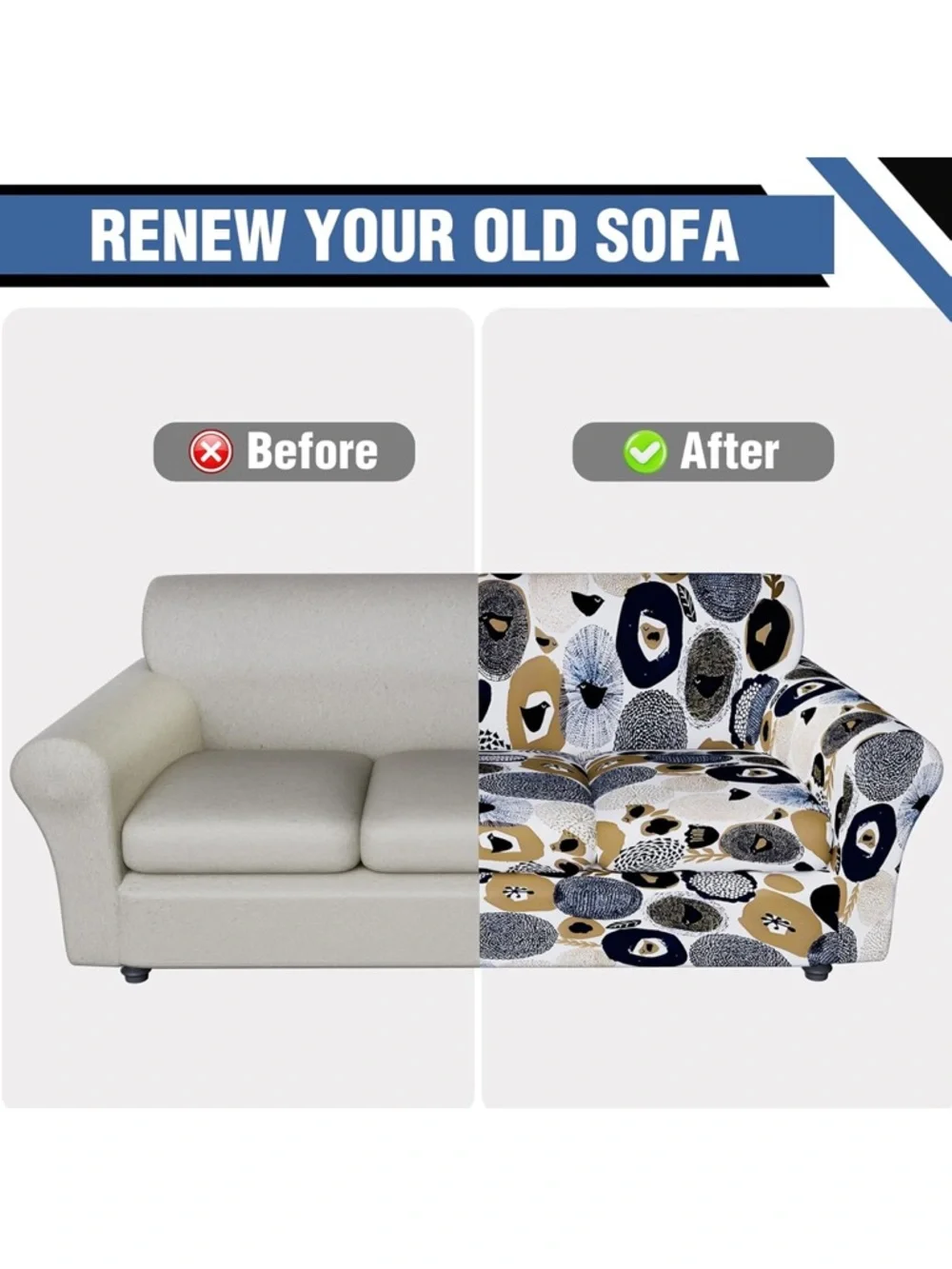 Printed Floral Stretch Sofa Slipcover - Blue & Tan